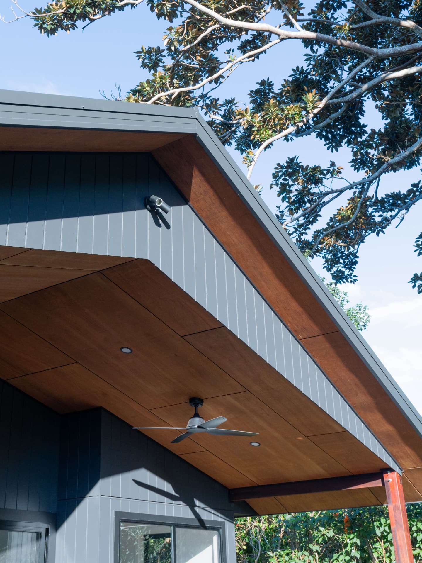 Timber-lined eave underside and roofline detail on a WSC build